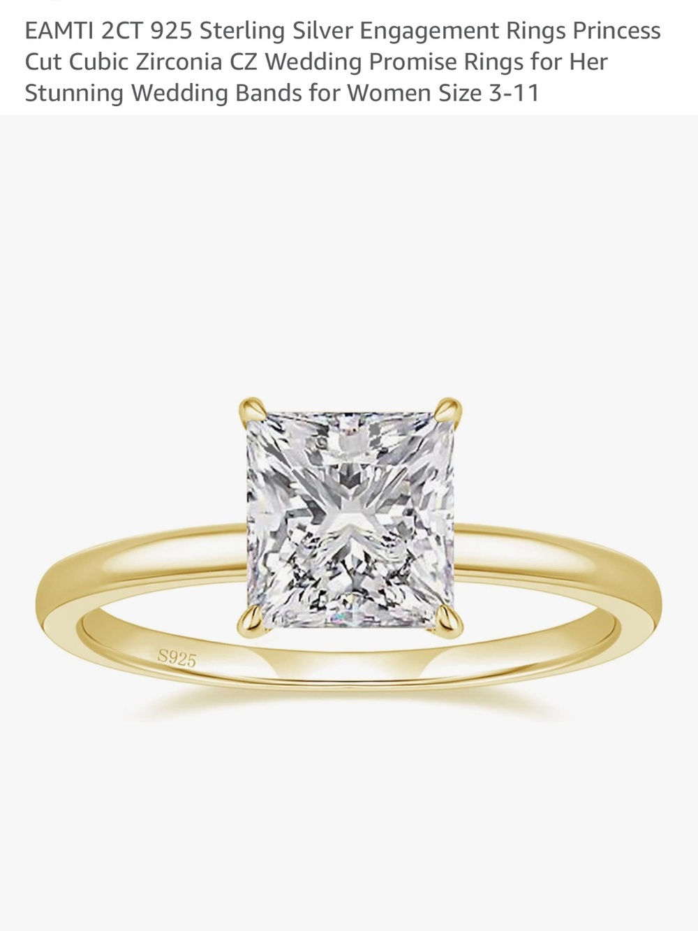 Gold Sterling Silver Princess Cut CZ Engagement Ring